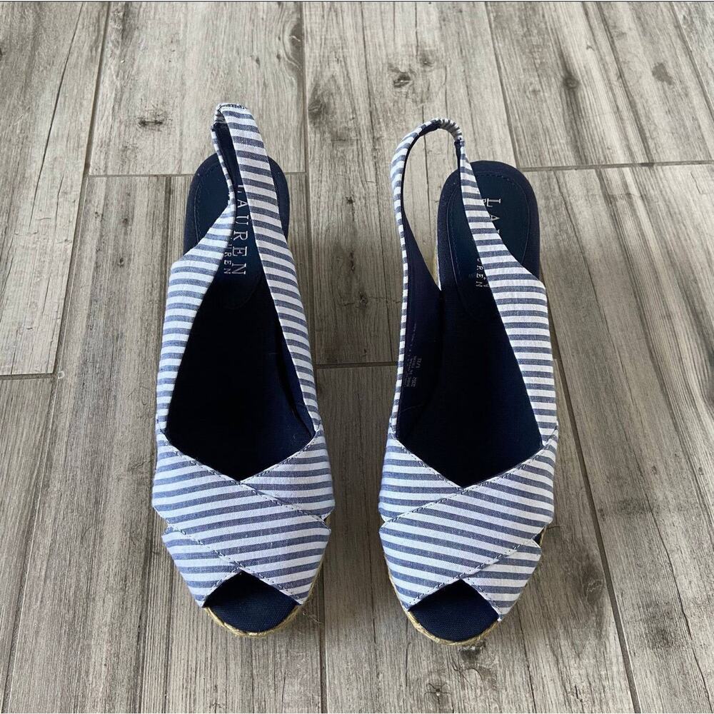 Lauren Ralph Lauren Navy and White Striped Espadrille Slingback Sandals - Picture 2 of 7